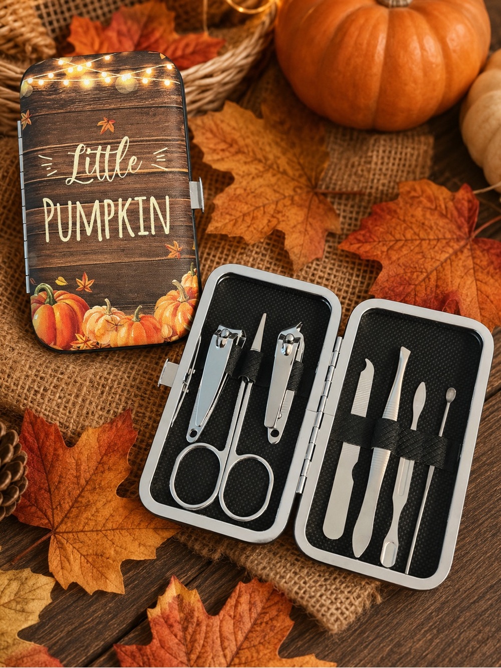 🆕 Fall Themed Little Pumpkin 7-Piece Stainless Steel Manicure Nail Care Set 🍂🍁